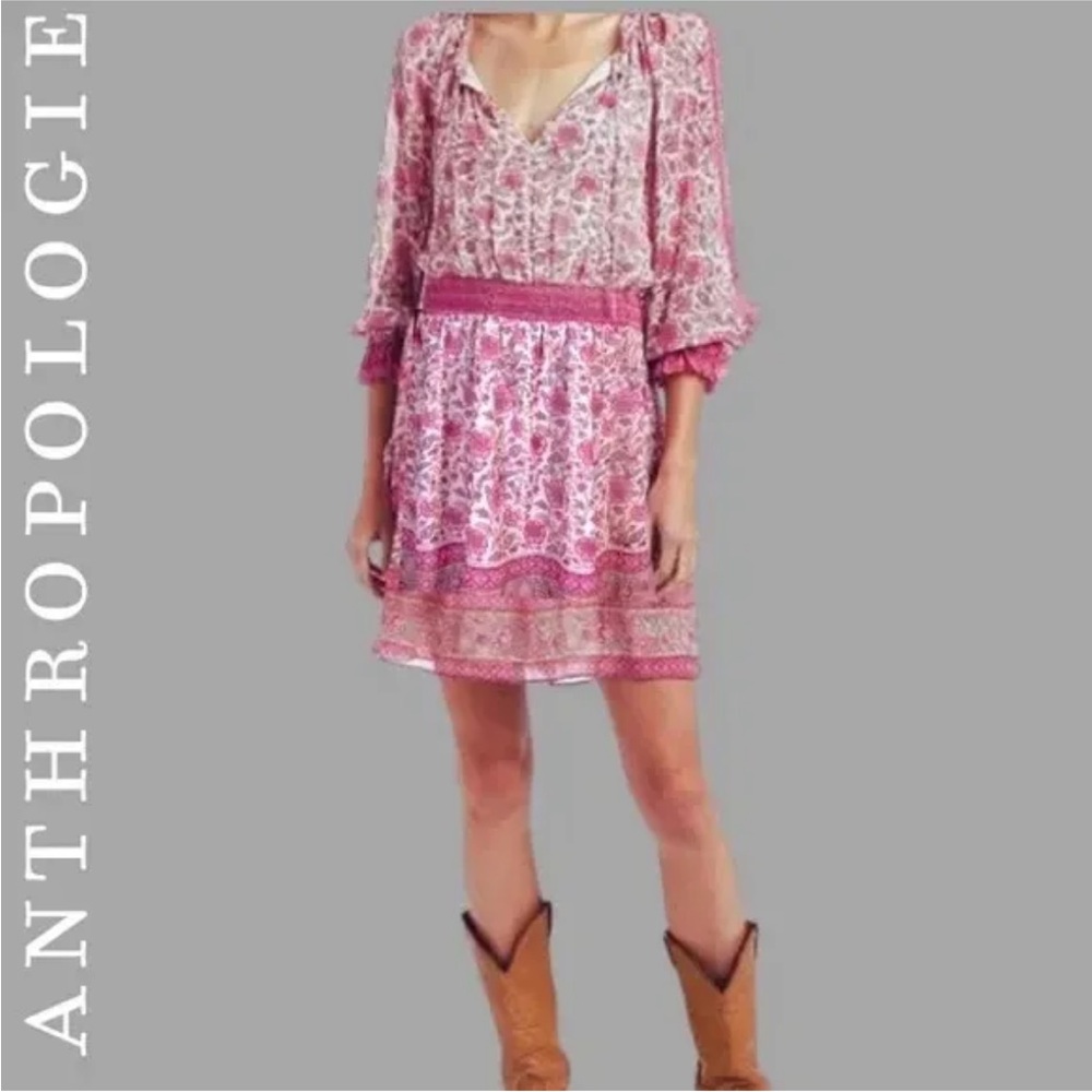 EUC Anthropologie Love the Label Love Sam pink tippy border print floral dress S